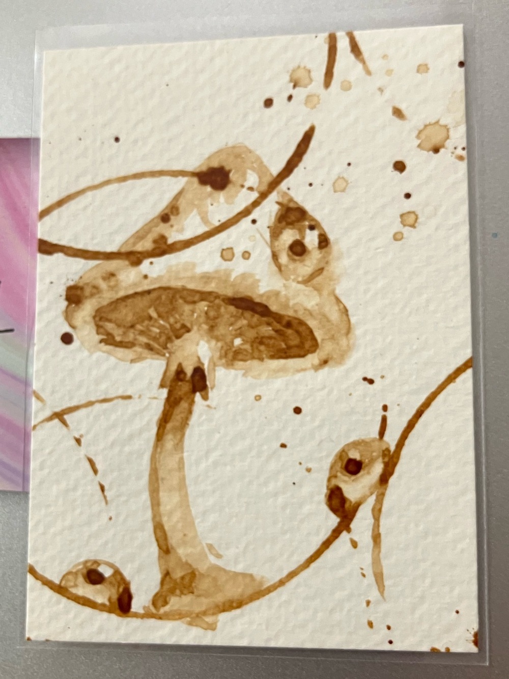 Aceo original mushrooms coffee painting ladybug ATC gift art by EAE